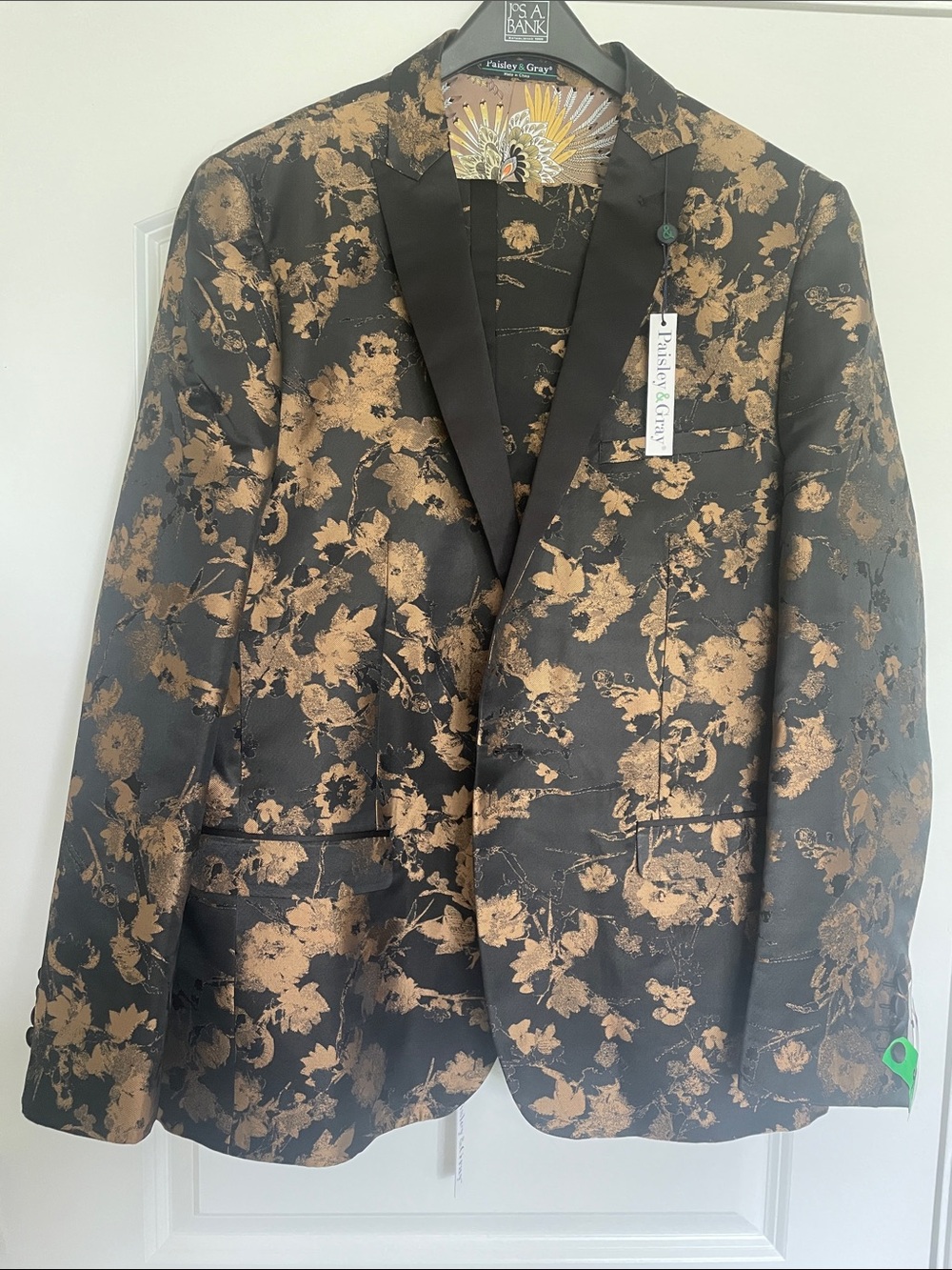 Paisley & Gray Black Tuxedo Blazer with Gold Floral Jacquard